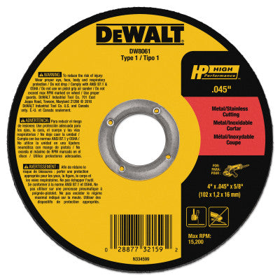 DeWalt® Type 1 Thin Metal Cutting Wheels, HP, 4 in x .045 in x 5/8 in, 15200 rpm, DW8061