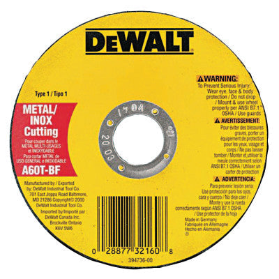 DeWalt® Type 1 Thin Metal Cutting Wheel, 4-1/2 in dia, 0.045 in Thick, 7/8 in Arbor, A60T Grit, DW8062
