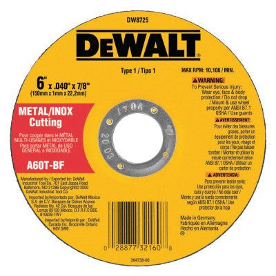 DeWalt® Type 1 Thin Metal Cutting Wheel, 6 in dia, 0.040 in Thick, 7/8 in Arbor, A60T Grit, DW8725