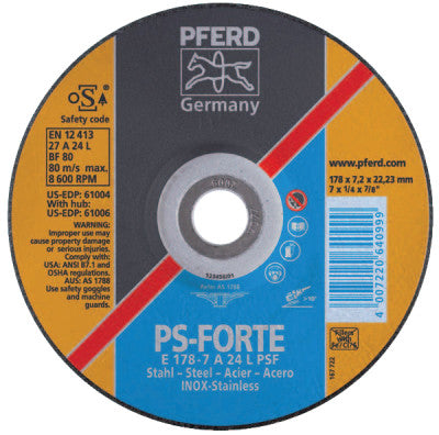 Pferd Depressed Center Wheel, 7 in Dia, 1/4 in Thick, 5/8 Arbor, 24 Grit, Grade L, 61006