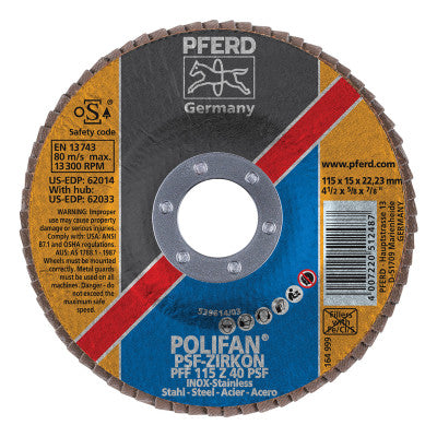 Pferd POLIFAN Flap Discs, 4 1/2 in, 40 Grit, 7/8 in Arbor, 13,300 rpm, Flat, 62014
