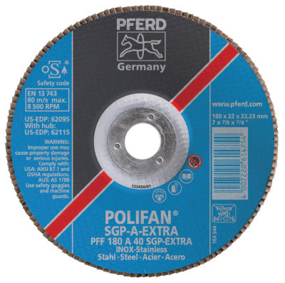 Pferd Type 27 POLIFAN SGP Flap Discs,4 1/2",40 Grit,5/8 Arbor, 13,300 rpm, Ceram Oxide, 62621