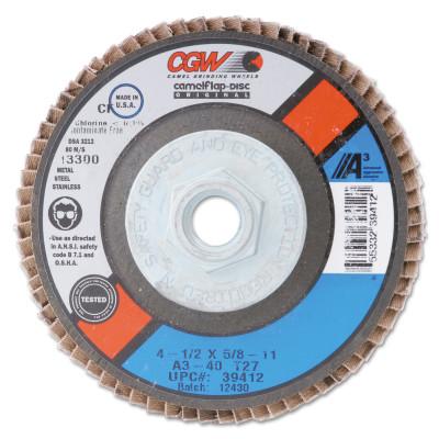 CGW Abrasives Flap Discs, A3 Aluminum Oxide, XL, 4 1/2 in, 60 Grit, 5/8 Arbor, 13,300 rpm, T27, 39454