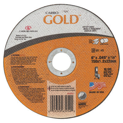 Carborundum Carbo™ GoldCut™ Reinforced Aluminum Oxide Abrasive, 6 in Dia, 0.045 in Thick, 7/8 in Arbor, 46 Grit, 05539563954