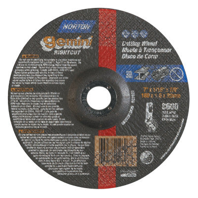 Saint-Gobain Gemini Type 27/42 RightCut Cut-Off Wheel, 7 in dia, 0.045 in Thick, 7/8 in Arbor, 24 Grit Aluminum Oxide, 66252912626