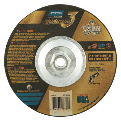 Saint-Gobain Quantum3 SG CA Type 27 Grinding Wheel, 7 in dia, 1/4 in Thick, 5/8 in-11 Arbor, 20 Grit, Ceramic Alumina, 66253370799