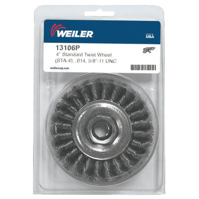 Weiler® Standard Twist Knot Wheel, 4 in D x 1/2 W, .014 Wire, 5/8-11 UNC Nut, Retail Pk, 13106P