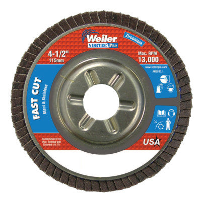 Weiler® Vortec Pro Abrasive Flap Discs,4.5", 36 Grit, 7/8 Arbor, 13,000 rpm, Alum Back, 31307