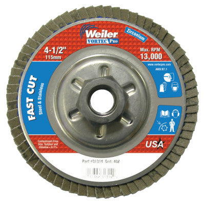 Weiler® Vortec Pro Abrasive Flap Discs,4.5", 40 Grit, 5/8 Arbor, 13,000 rpm, Alum Back, 31314