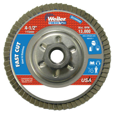 Weiler® Vortec Pro Abrasive Flap Discs,4.5", 80 Grit, 5/8 Arbor, 13,000 rpm, Alum Back, 31316