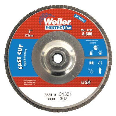 Weiler® Vortec Pro Abrasive Flap Discs, 7", 36 Grit, 5/8 Arbor, 8,600 rpm, Alum Back, 31331
