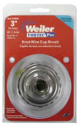 Weiler® Vortec Pro® Knot Wire Cup Brush, 3 in Dia., M14 x 2, .02 in Steel, Display Pack, 36043
