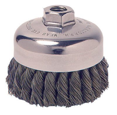 Weiler® Vortec Pro Knot Wire Cup Brush, 3 1/2 in Dia., 5/8-11 Arbor, .02 in Carbon Steel, 36066
