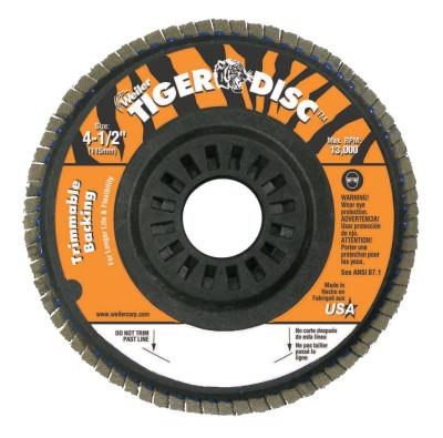 Weiler® Trimmable Tiger® Flap Discs, 4 1/2 in, 120 Grit, 7/8 in Arbor, 13,000 rpm, 50005