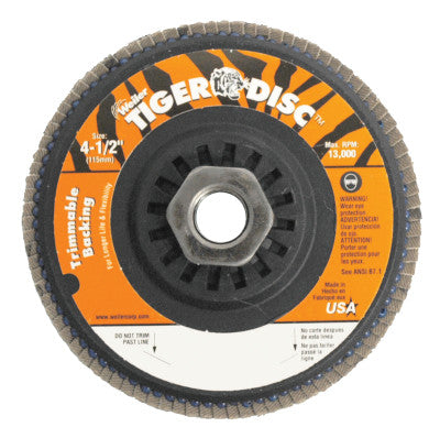 Weiler® Trimmable Tiger Flap Discs, 4 1/2 in, 60 Grit, 5/8 Arbor, 13,000 rpm, 50007