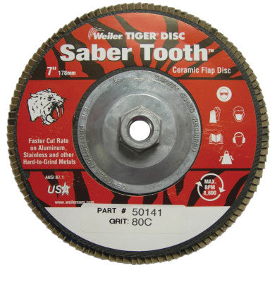 Weiler® Tiger® Saber Tooth™ Ceramic High Density Abrasive, 7 in dia, 80 Grit, 5/8 in-11 UNC Nut, 8,600 RPM, Type 27, 50141