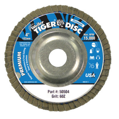 Weiler® Tiger Disc Angled Style Flap Discs, 4 in, 60 Grit, 5/8 in Arbor, Aluminum Back, 50504