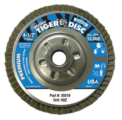 Weiler® Tiger® Disc Angled Style Flap Disc, 4-1/2 in, 60 Grit, 5/8 Arbor, Aluminum Back, 50519