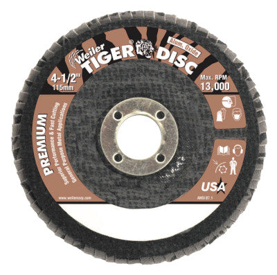 Weiler® Tiger® Disc Angled Style Flap Discs, 4 in,36 Grit,5/8 Arbor,Phenolic Back,Alum Oxid, 50552