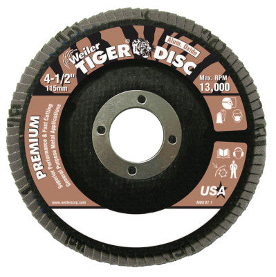 Weiler® Tiger Disc Angled Style Flap Discs,4 1/2",40 Grit,7/8 Arbor,Phenolic Back,Alum, 50563