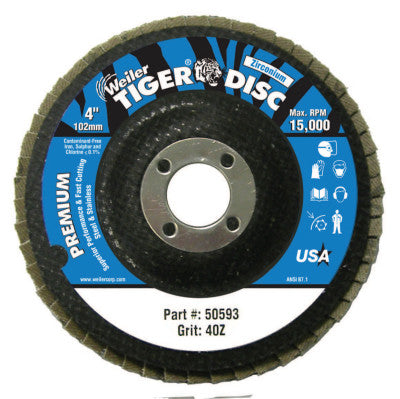 Weiler® Tiger Disc Angled Style Flap Discs, 4 in, 40 Grit, 5/8 Arbor, Phenolic Back, 50593