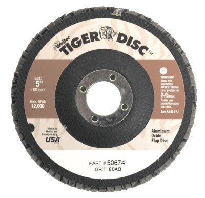 Weiler® Tiger® Disc Flat Style Flap Discs, 5 in,60 Grit,7/8 Arbor,Phenolic Back,Alum Oxide, 50674