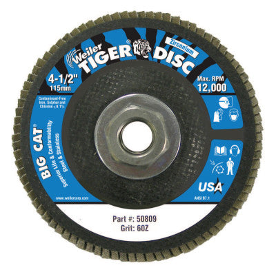Weiler® Tiger® Big Cat® High Density Flap Disc, 4-1/2 in dia, 60 Grit, 5/8 in-11 UNC Arbor, 12,000 RPM, Type 27, 50809
