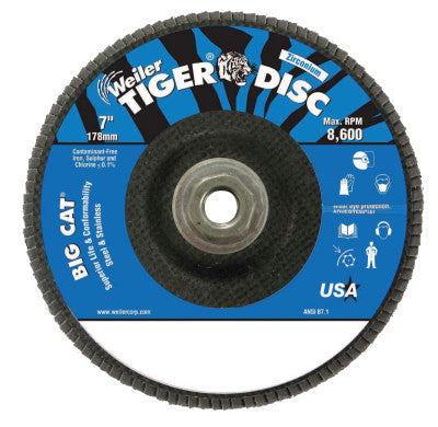 Weiler® Tiger® Big Cat® High Density Flap Disc, 7 in dia, 60 Grit, 5/8 in-11 UNC Arbor, 8,600 RPM, Type 27, 50844