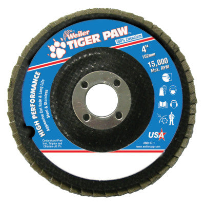 Weiler® Tiger Paw™ TY29 Coated Abrasive Flap Disc, 4", 40 Grit, 5/8 Arbor, 15,000 RPM, 51104