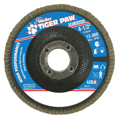 Weiler® Tiger Paw™ Coated Abrasive Flap Discs, 4-1/2, 40 Grit, 7/8 Arbor, Phenolic, 13,000 RPM, 51108