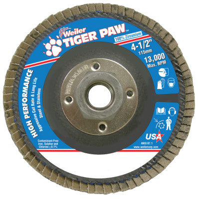 Weiler® Tiger Paw™ TY29 Coated Abrasive Flap Disc, 4-1/2 in, 60 Grit, 5/8 Arbor, 13,000 RPM, 51125