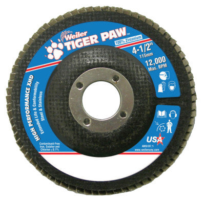 Weiler® Tiger Paw™ Super High Density Flap Disc, 4-1/2 in dia, 80 Grit, 7/8 in Arbor, 12,000 RPM, Type 27, 51163