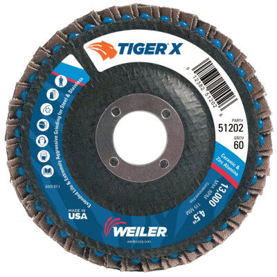Weiler® Tiger® X Flap Disc, 4-1/2 in Angled, 60 Grit, 7/8 in Arbor, 51202