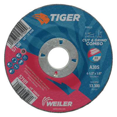 Weiler® Tiger®  AO Type 27 Combo Wheel, 5 x 1/8 in, 7/8 in Arbor, A30S, 57103
