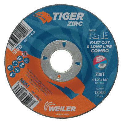 Weiler® Tiger® Zirc Combo Wheel, 6 x 1/8 in, 5/8 in-11 Arbor, Type 27, 58054