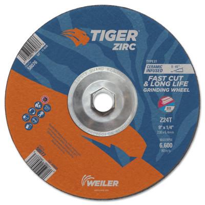 Weiler® Tiger® Zirc Grinding Wheel, 5 x 1/4 in, 5/8 in-11 Arbor, Type 27, A24R, 58072
