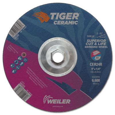 Weiler® Tiger Ceramic Grinding Wheels, 9 in Dia., 1/4 in Thick, 24 Grit, Ceramic Alumina, 58334