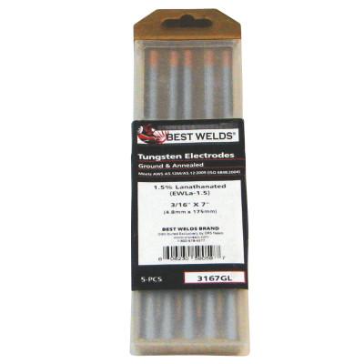 ORS Nasco Tungsten Electrode, 1.5% Lanthanated, 7 in, Size 3/16, 5/PK, 3167GL